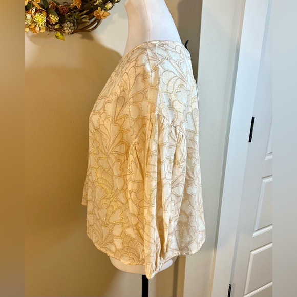 NWT NSR Metalic Gold Thread Lace Dressy  Scoop Neck Elastic Sleeve Blouse Sz M - Picture 7 of 10